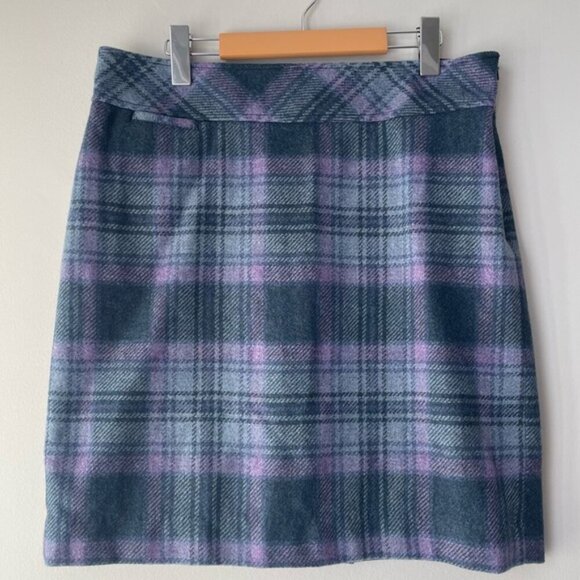 EDDIE BAUER Plaid Skirt Mini Pencil High Waisted Wool Blend Purple Blue 12P - Picture 1 of 5